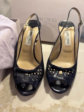 Jimmy Choo Navy Woven Leather Peep-Toe Slingback Heels